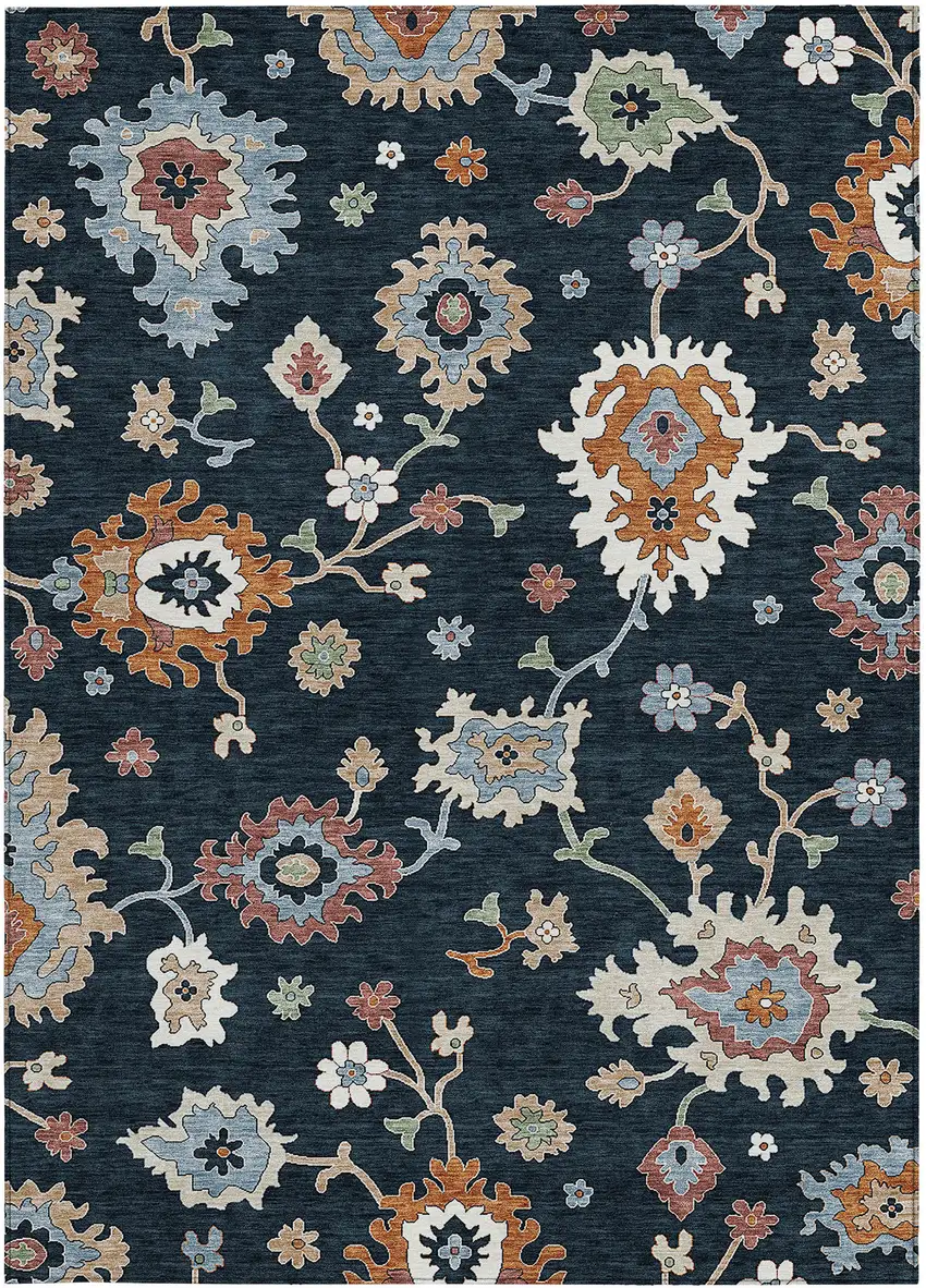 Black Blue And Ivory Floral Washable Indoor Outdoor Area Rug Photo 7