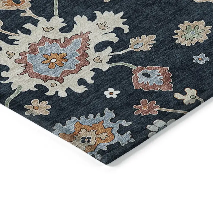 Black Blue And Ivory Floral Washable Indoor Outdoor Area Rug Photo 2