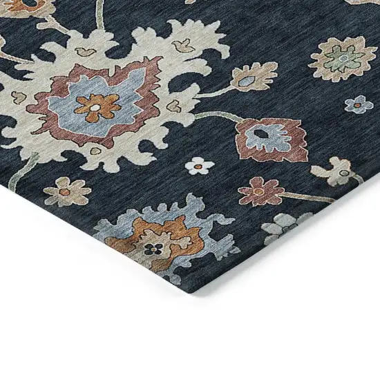 Black Blue And Ivory Floral Washable Indoor Outdoor Area Rug Photo 2