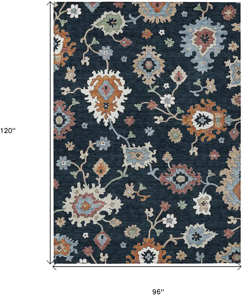 Black Blue And Ivory Floral Washable Indoor Outdoor Area Rug Photo 8
