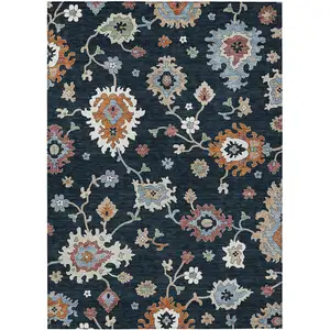 Photo of Black Blue And Ivory Floral Washable Indoor Outdoor Area Rug