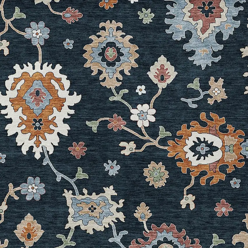 Black Blue And Ivory Floral Washable Indoor Outdoor Area Rug Photo 4