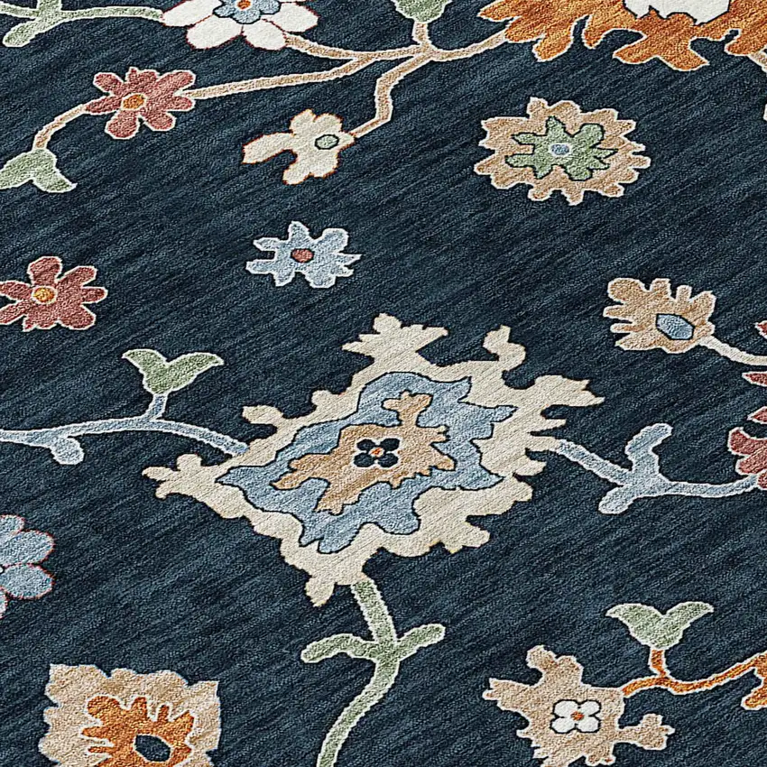 Black Blue And Ivory Floral Washable Indoor Outdoor Area Rug Photo 5