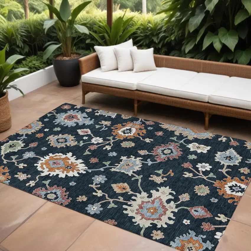 Black Blue And Ivory Floral Washable Indoor Outdoor Area Rug Photo 1