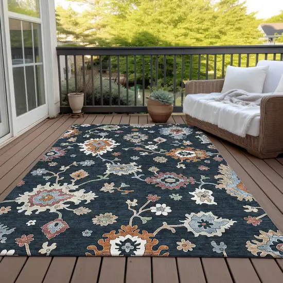 Black Blue And Ivory Floral Washable Indoor Outdoor Area Rug Photo 7