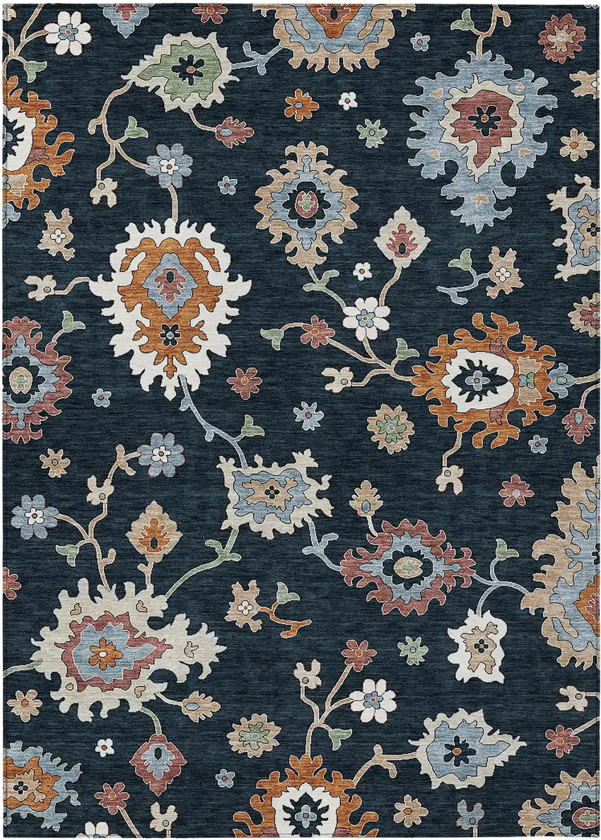Black Blue And Ivory Floral Washable Indoor Outdoor Area Rug Photo 1