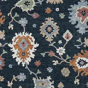 Photo of Black Blue And Ivory Floral Washable Indoor Outdoor Area Rug