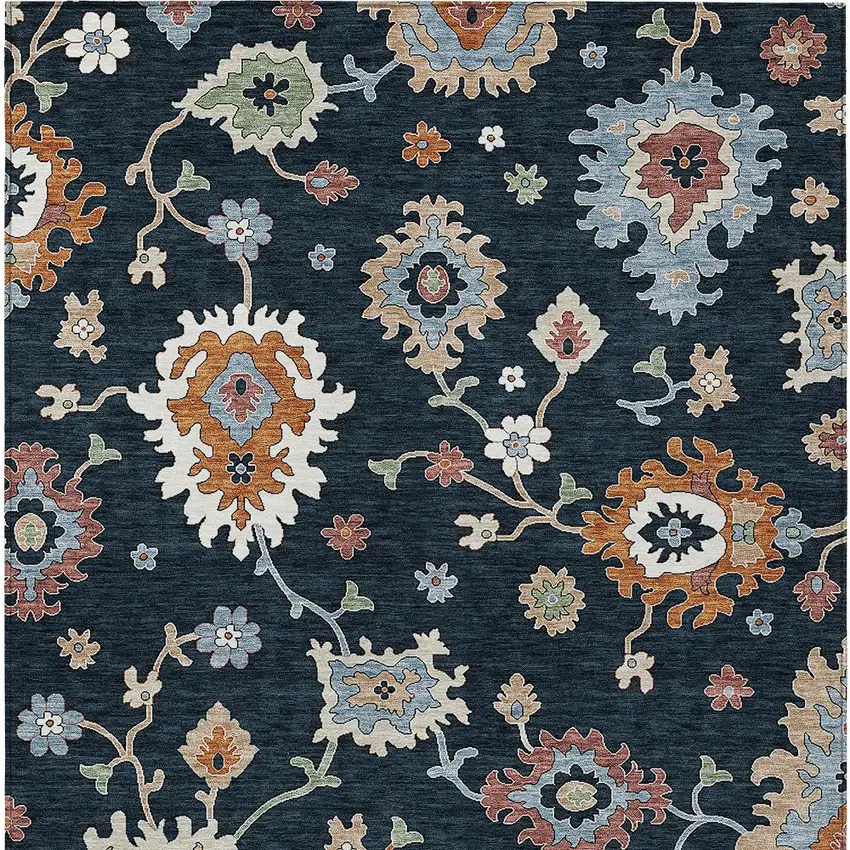 Black Blue And Ivory Floral Washable Indoor Outdoor Area Rug Photo 6