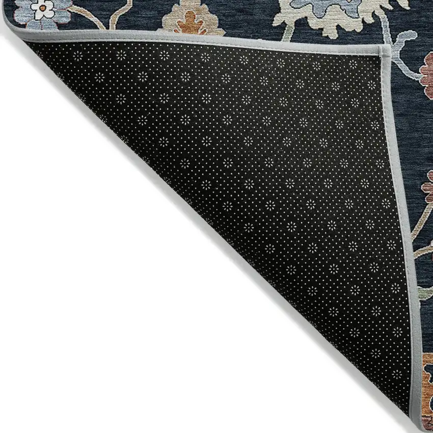Black Blue And Ivory Floral Washable Indoor Outdoor Area Rug Photo 3