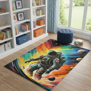 Photo of Black Blue And Orange Spaceman Youthful Washable Area Rug