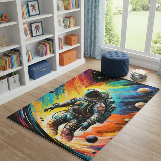 Black Blue And Orange Spaceman Youthful Washable Area Rug Photo 1