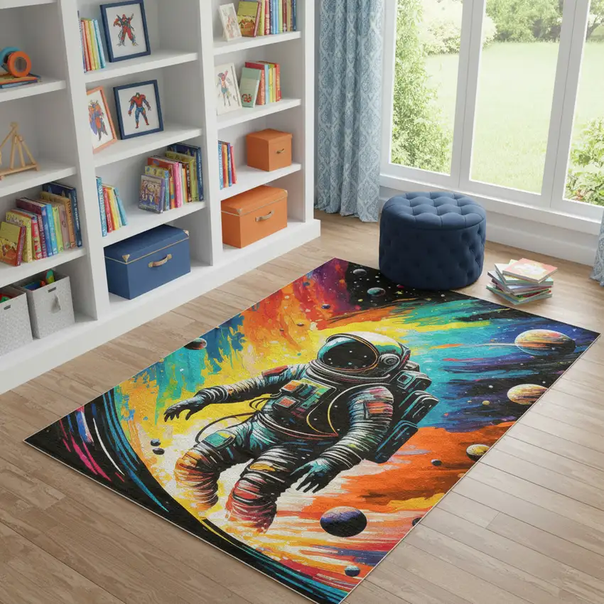 Black Blue And Orange Spaceman Youthful Washable Area Rug Photo 1
