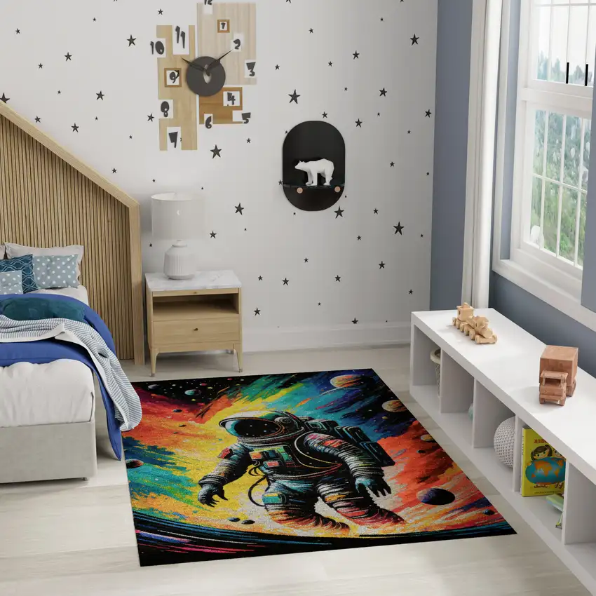 Black Blue And Orange Spaceman Youthful Washable Area Rug Photo 3