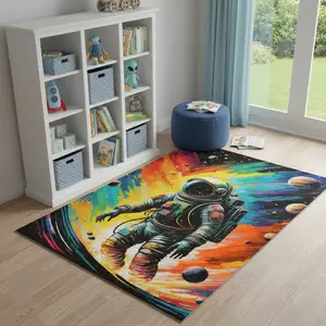 Photo of Black Blue And Orange Spaceman Youthful Washable Area Rug