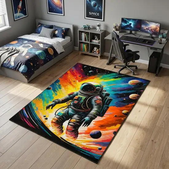 Black Blue And Orange Spaceman Youthful Washable Area Rug Photo 1