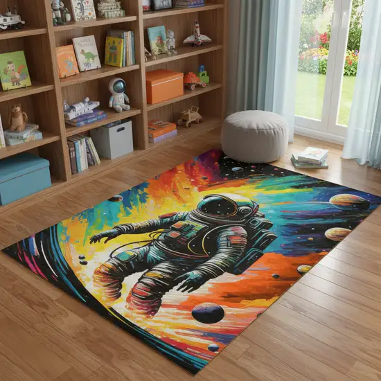 Black Blue And Orange Spaceman Youthful Washable Area Rug Photo 1
