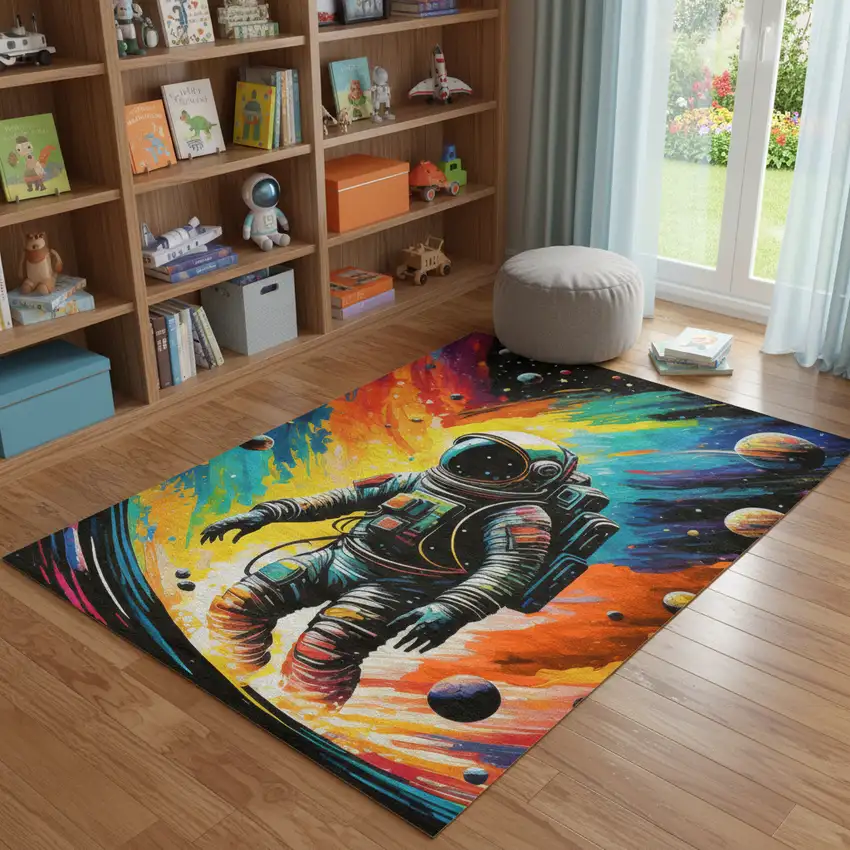 Black Blue And Orange Spaceman Youthful Washable Area Rug Photo 1