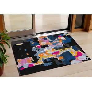 Photo of Black Blue And Pink Abstract Washable Indoor Outdoor Area Rug