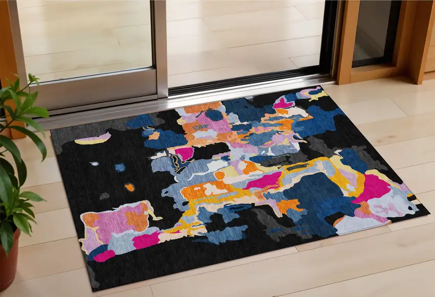 Black Blue And Pink Abstract Washable Indoor Outdoor Area Rug Photo 1