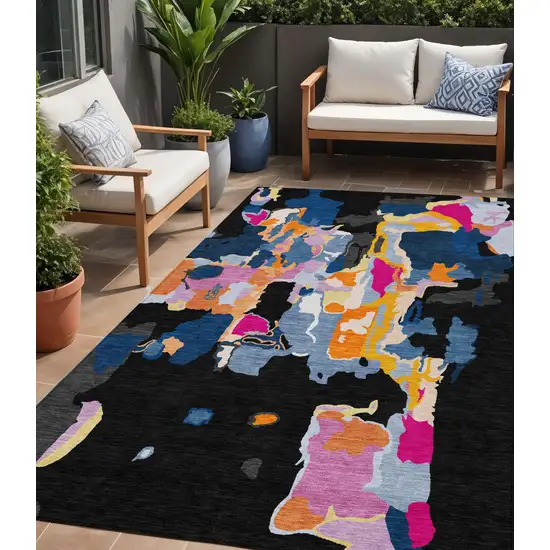 Black Blue And Pink Abstract Washable Indoor Outdoor Area Rug Photo 1