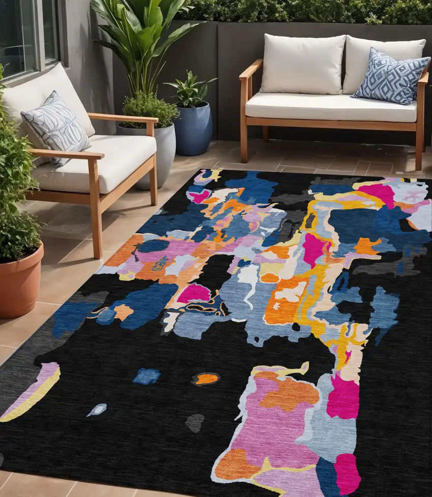 Black Blue And Pink Abstract Washable Indoor Outdoor Area Rug Photo 1