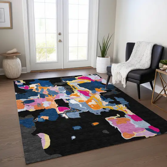 Black Blue And Pink Abstract Washable Indoor Outdoor Area Rug Photo 9