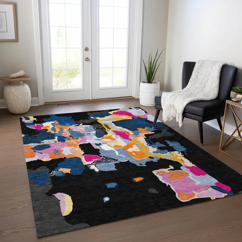 Black Blue And Pink Abstract Washable Indoor Outdoor Area Rug Photo 9