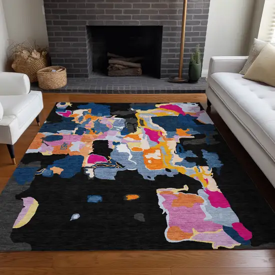 Black Blue And Pink Abstract Washable Indoor Outdoor Area Rug Photo 9