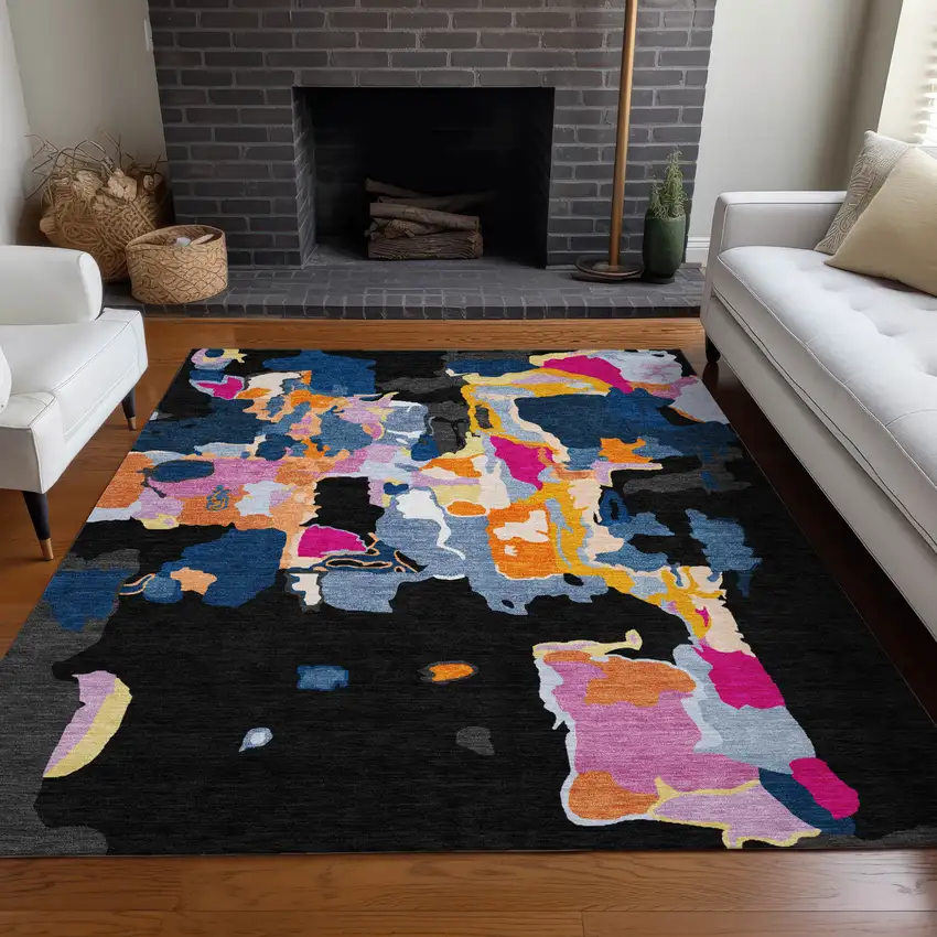 Black Blue And Pink Abstract Washable Indoor Outdoor Area Rug Photo 9