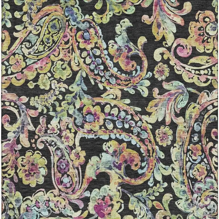 Black Blue And Pink Paisley Washable Area Rug With UV Protection Photo 3