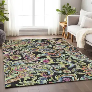 Photo of Black Blue And Pink Paisley Washable Area Rug With UV Protection