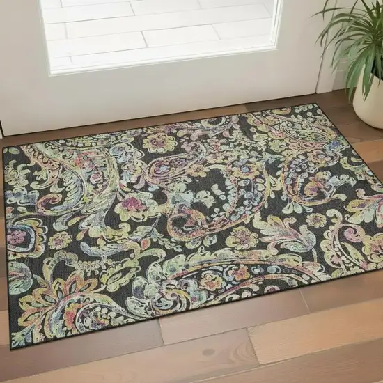 Black Blue And Pink Paisley Washable Area Rug With UV Protection Photo 1