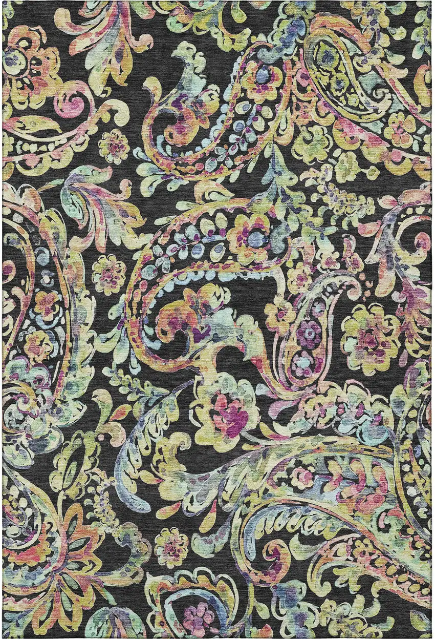 Black Blue And Pink Paisley Washable Area Rug With UV Protection Photo 4