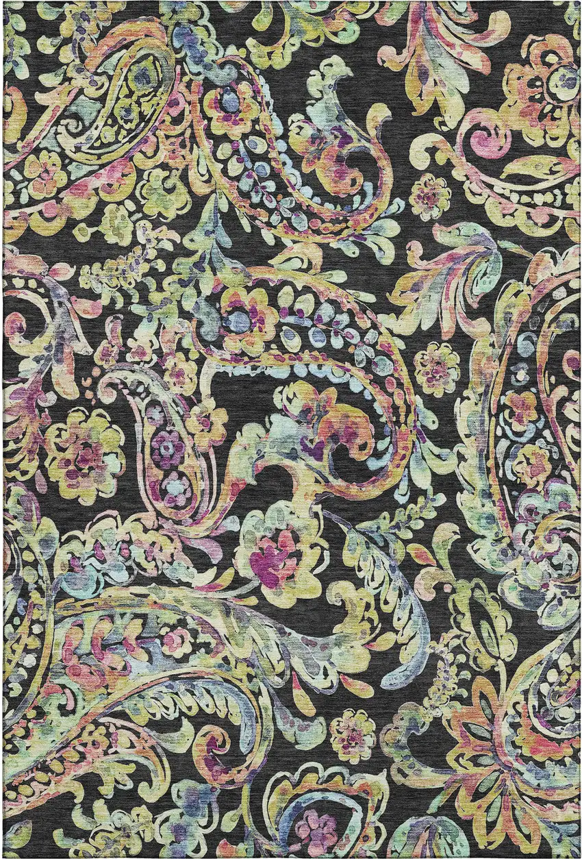 Black Blue And Pink Paisley Washable Area Rug With UV Protection Photo 1