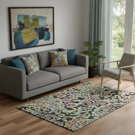 Black Blue And Pink Paisley Washable Area Rug With UV Protection Photo 1