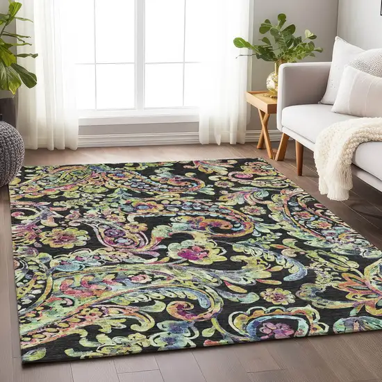 Black Blue And Pink Paisley Washable Area Rug With UV Protection Photo 6