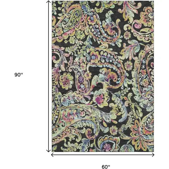 Black Blue And Pink Paisley Washable Area Rug With UV Protection Photo 3