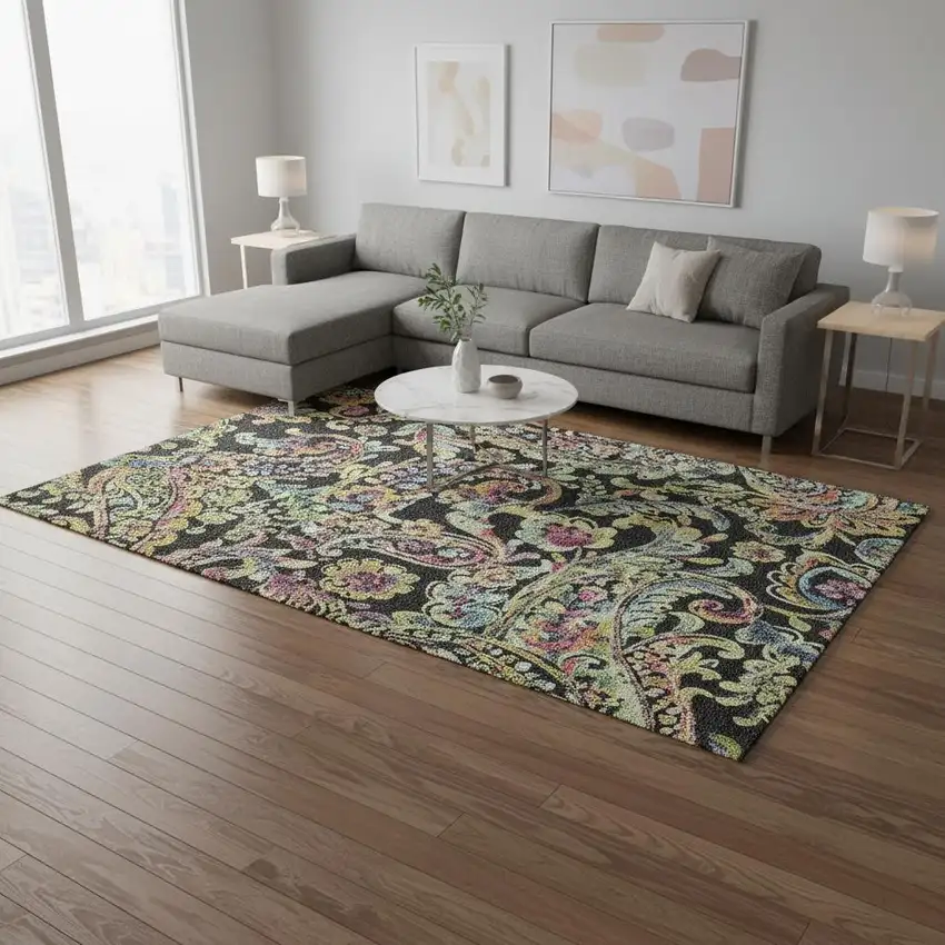 Black Blue And Pink Paisley Washable Area Rug With UV Protection Photo 2