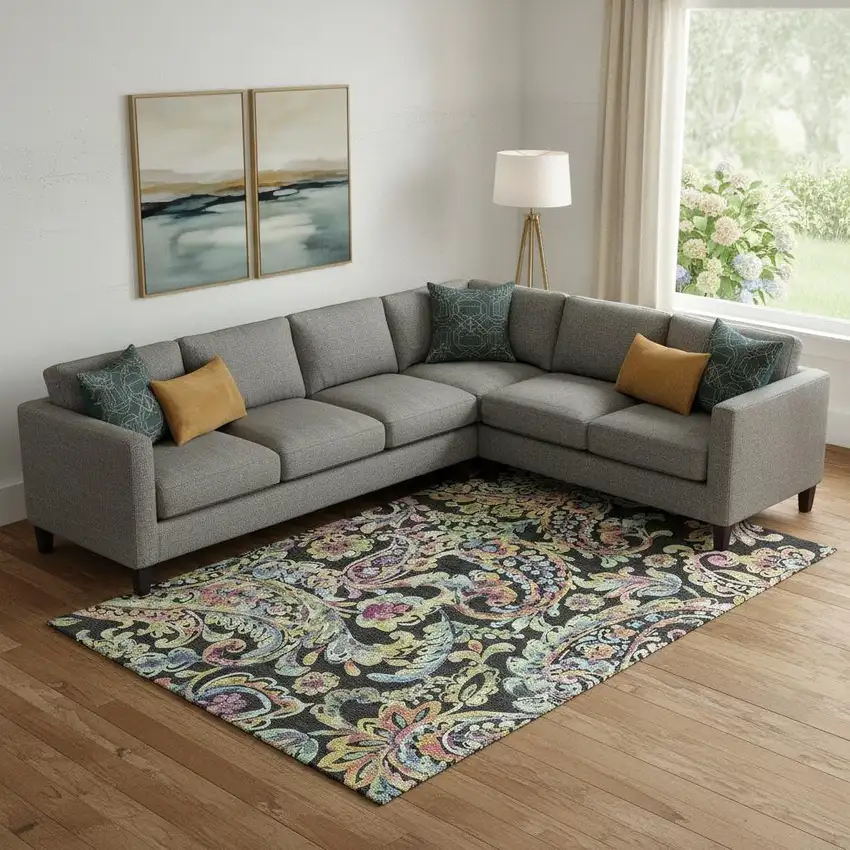 Black Blue And Pink Paisley Washable Area Rug With UV Protection Photo 1