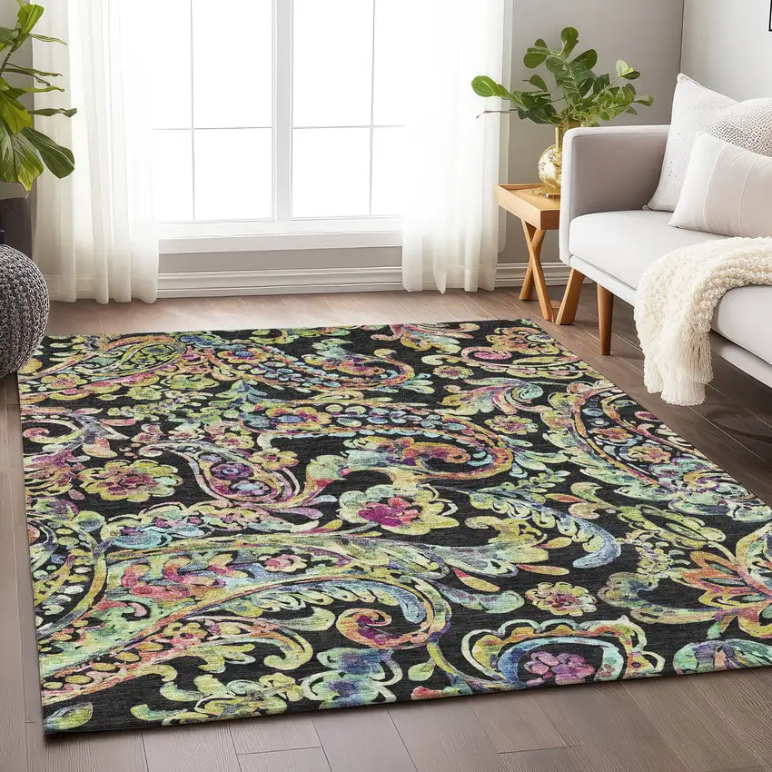 Black Blue And Pink Paisley Washable Area Rug With UV Protection Photo 6