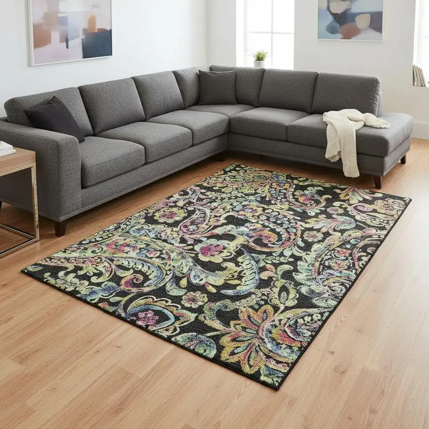 Black Blue And Pink Paisley Washable Area Rug With UV Protection Photo 2