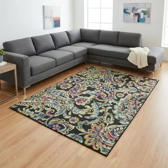 Black Blue And Pink Paisley Washable Area Rug With UV Protection Photo 2