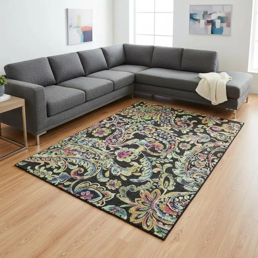 Black Blue And Pink Paisley Washable Area Rug With UV Protection Photo 2