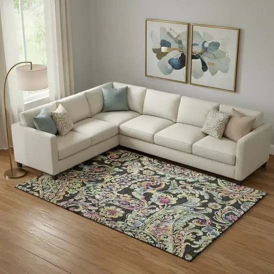 Black Blue And Pink Paisley Washable Area Rug With UV Protection Photo 1