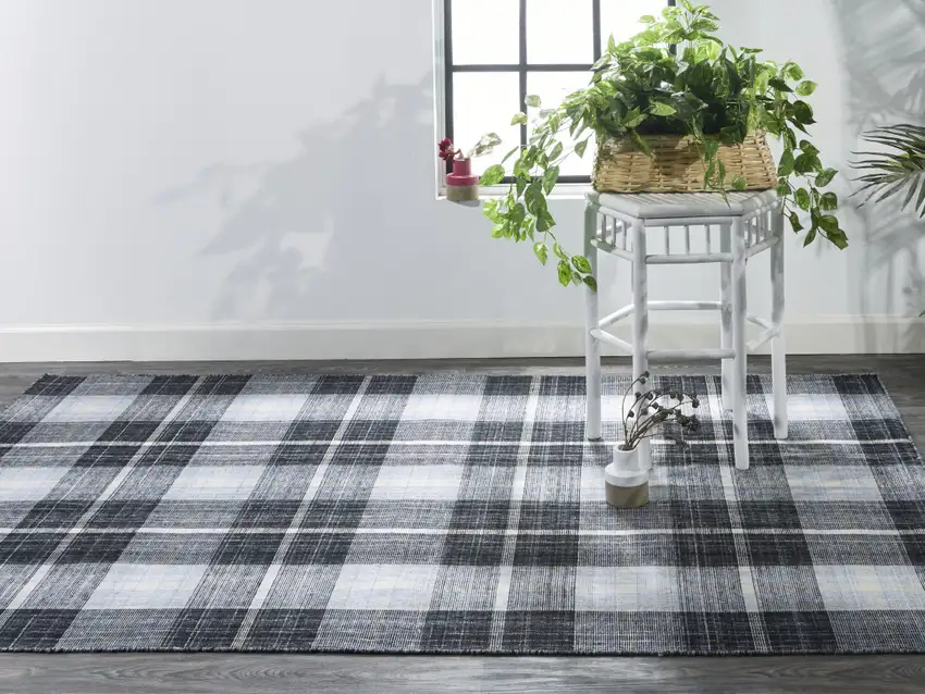 Black Blue And White Abstract Hand Woven Stain Resistant Area Rug Photo 9