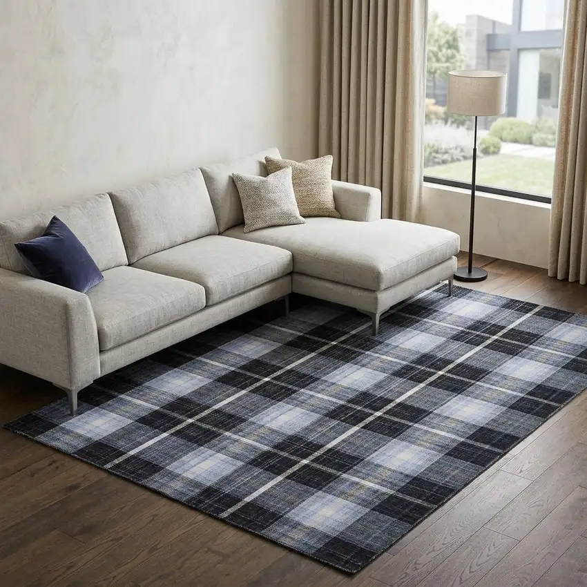 Black Blue And White Abstract Hand Woven Stain Resistant Area Rug Photo 1