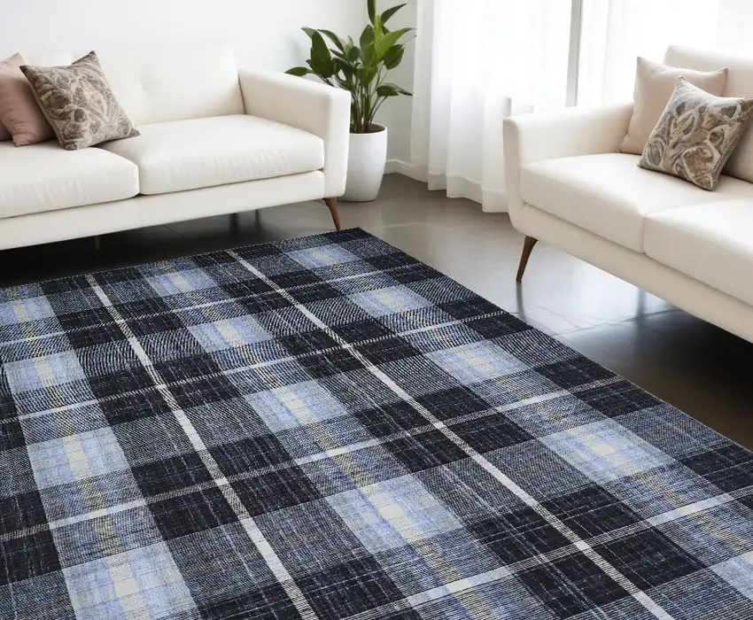 Black Blue And White Abstract Hand Woven Stain Resistant Area Rug Photo 1