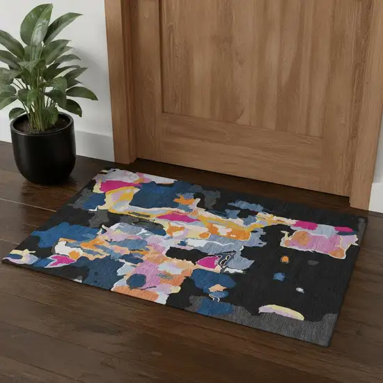 Black Blue Yellow And Pink Abstract Washable Area Rug With UV Protection Photo 1