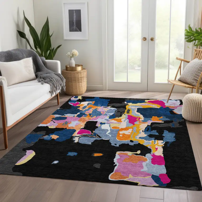 Black Blue Yellow And Pink Abstract Washable Area Rug With UV Protection Photo 5