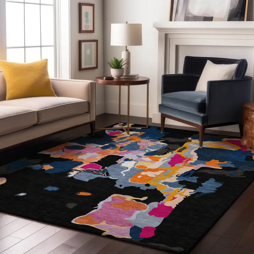 Black Blue Yellow And Pink Abstract Washable Area Rug With UV Protection Photo 4